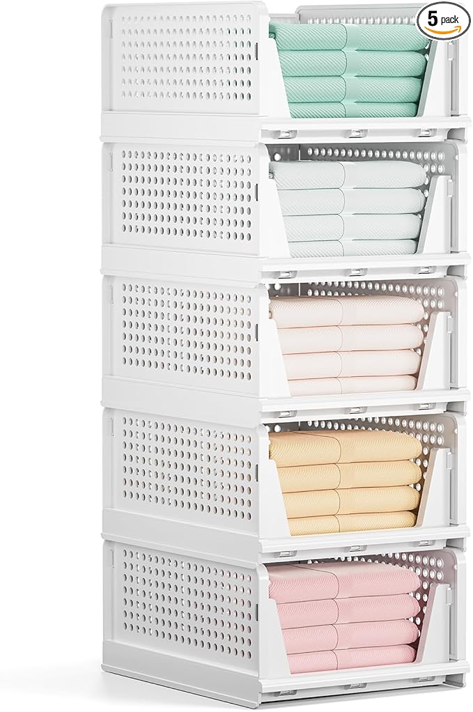 Mavivegue 5 Pack Stackable Closet Storage, Plastic Drawer Basket,Closet Organizers Storage Box for Cupboard,Bedroom, Kitchen, Bathroom, Office White