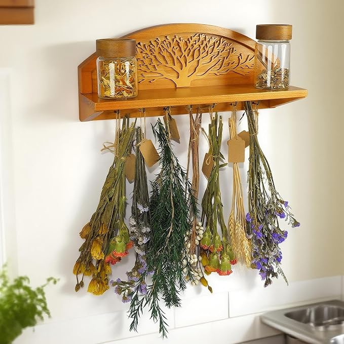 Tnstbiee Hanging Herb Drying Rack - Artistic Life Tree Design. Space-Saving Kitchen Flower Dried Grass Display,Holds 7 Bouquets. For Witches & Gardeners Gifts for Crafters, Wall Art Décor