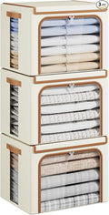 Yecaye Clothes Storage Bins with Metal Frame, Foldable Clothing Storage Bin with Lid, Stackable Oxford Fabric Organizer Box With Clear Window & Zippers & PU Leather Handles (3 Pack,Beige,40L)