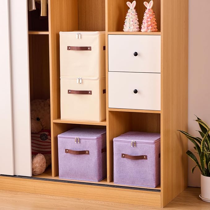 4PCS Storage Cubes with Lid Fabric Storage Bins Boxes PU Leather Handles Cotton Linen Closet Organizer Container Decorative Foldable Washable Shelf Cloth Basket (Zipper Lid, Purple, 11in)
