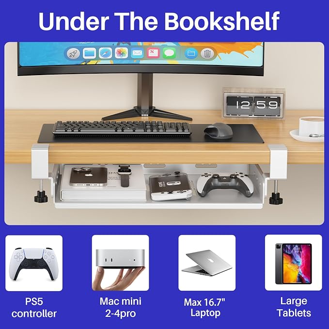 BYMECOST No Drill Under Desk Storage Shelf, Metal Under Desk Drawer Organizer with Clamp, Mount Under Desk Shelf Adds Tray, Desk Drawer for Office Desks, Table, Gaming Desk, Workstations (White)