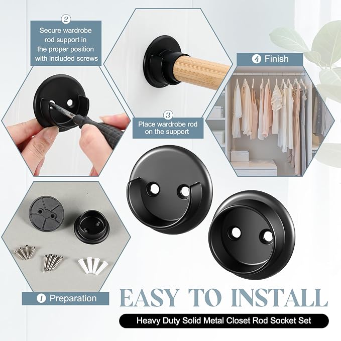 Yaocom 4 Pairs Matte Black Metal Closet Rod Bracket Set Heavy Duty Shower Curtain Closet Pole Socket Accept 1-3/8 Diameter with Screw on Attachment for Wardrobes Shelf
