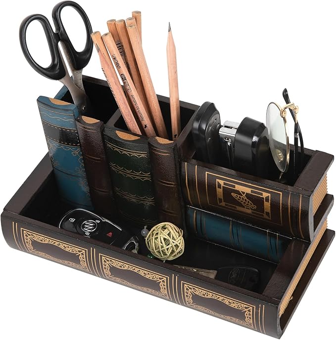 Decorative Pencil and Pen Holder with Storage Drawer, Wooden Desk Organizer Caddy, Antique Library Books Design Pen Cup for Office Supplies, Countertop, Desk,Table (Reddish brown)