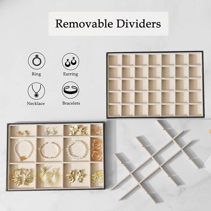 Large Jewelry Organizer Tray 2 Pack, Stackable Jewelry Storage Holder for Drawer Inserts, PU Leather Velvet Jewellery Display Case for Earring Bracelet Necklace Ring (Black Beige, 35 Grids)