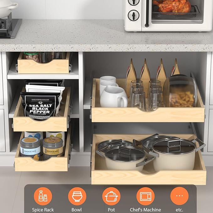ZOINLIY 27''W X 21''D X 3''H Wooden Pull Out Drawer for Cabinet, Cabinet Organizer for Kitchen, Soft Close Slide Out Shelves, Heavy Duty, Fully Expandable