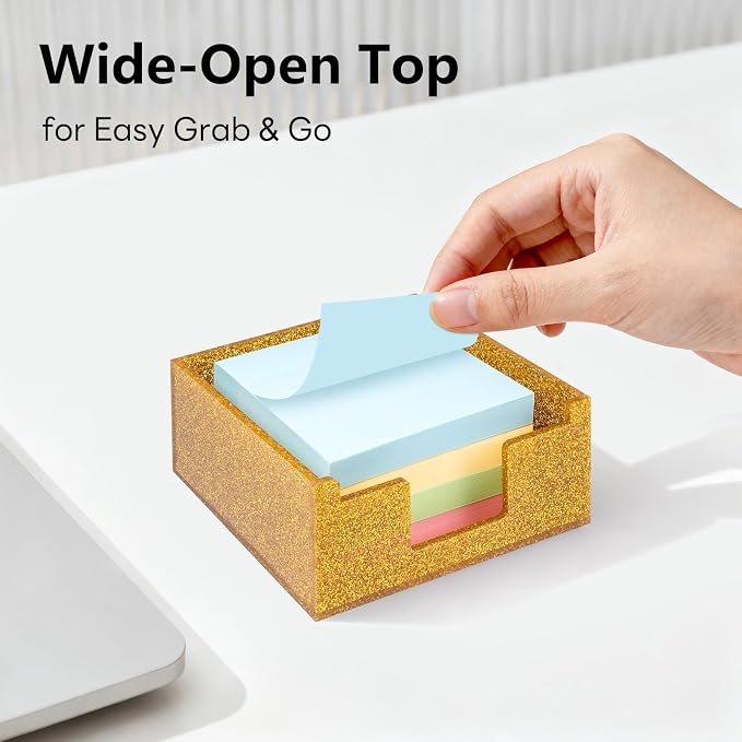 Acrylic Sticky Note Holder 4x4in Tray for Desk, Gold Glitter | Sparkling glitter acrylic tray, fits 3x3 sticky notes, compact organizer for office school and home