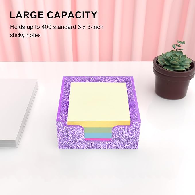 Rouidr Acrylic Sticky Note Holder, Self Stick Note Pad Holder, Purple | 3.94 x 3.94 Inch Glitter Memo Pad Dispenser Organizer for School Office Home Desk Supplies