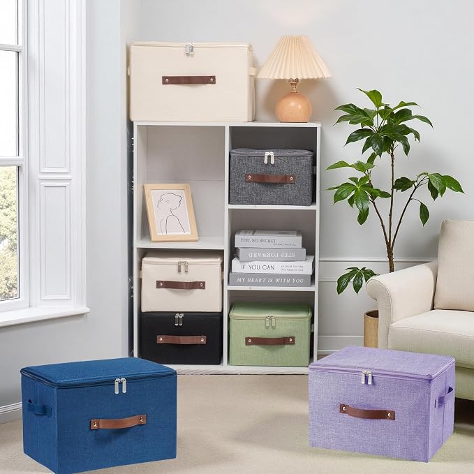 Storage Bins with Zipper Lid Foldable Fabric Lidded Storage Boxes Baskets Cubes Washable Collapsible PU Leather Handle Cotton Linen Shelves Closet Organizer Container(Purple, Large Size)