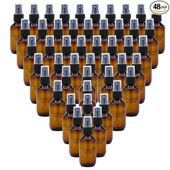 SYNTECSO 48 Pack 2oz Amber Plastic Spray Bottles, Fine Mist Spray Bottles for Essential Oils, Water Spray Bottle for Hair Plant & Cleaning Solution