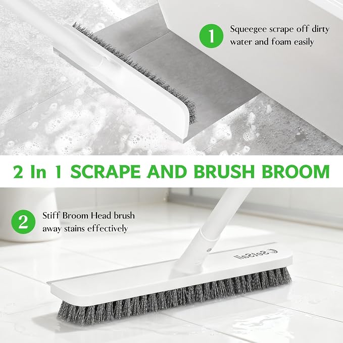 SetSail Floor Scrub Brush, Scrub Brush with Long Adjustable Handle 2 in 1 Scraper Brush Stiff Bristle Floor Scrubber for Cleaning Bathroom Shower Kitchen Garage Deck Tile Tub, Pure White