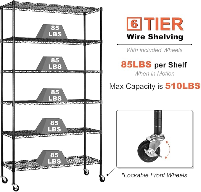 Meet perfect 6-Tier Storage Shelves NSF Certified Wire Shelving Unit on Wheels Heavy Duty Metal Shelves Adjustable Steel Shelving 2100Lbs Capacity for Closet Pantry Basement- (18"x45"x82", Black)