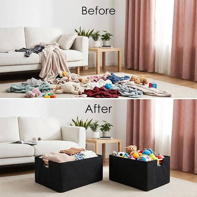 1Pcs Black basket Black Storage Baskets Linen Decorative Storage Bins with Wooden Handles Foldable Rectangular Storage for Shelves, Closets, Home, Office