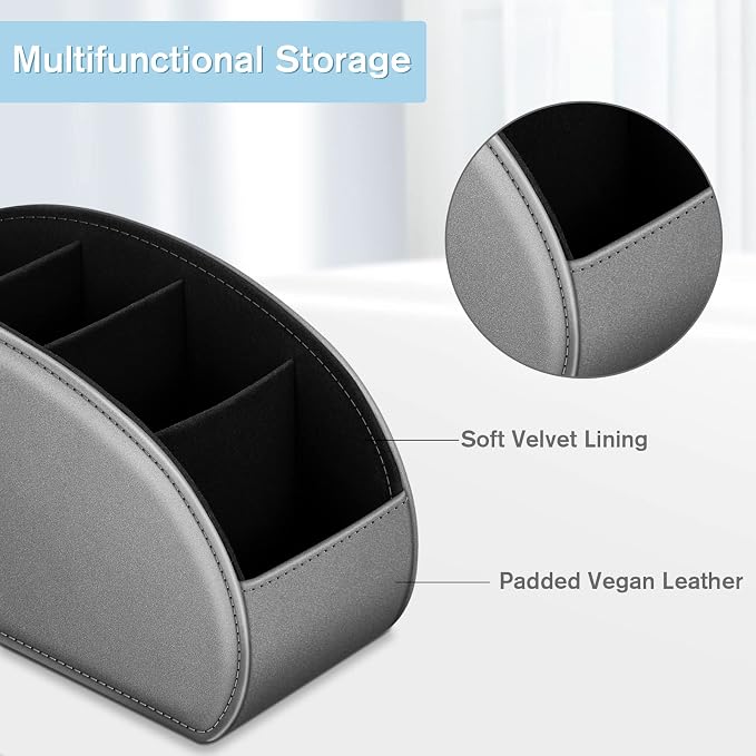 FINTIE Remote Control Holder, 5 Compartments Vegan Leather TV Remoter Caddy Desktop Organizer Makeup Brush Holder Storage Fits TV Remotes, Media Controllers, Office Supplies(Silver Gray)