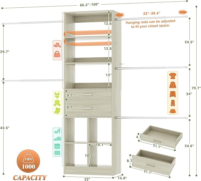 Besiost Closet System, 4-8 FT Closet Organizer Tower with 2 Wooden Drawers and Shelves, Can Fit 60 to 96 inch Walk-in Closet System with 5 Hang Rods, Built-in, Greige Oak