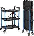 WORKPRO 3-Tier Collapsible Service Cart, Black/Blue, 210 LBS Foldable Utility Cart with Wheels, Portable Rolling Tool Cart for Garage, Warehouse, Home, Restaurant and Office (No Assembly Required)