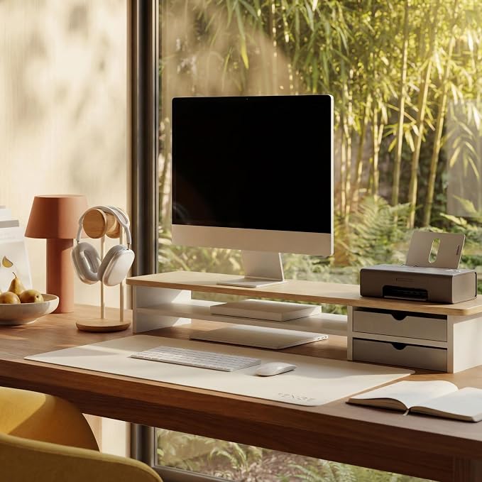 Fenge Monitor Stand, Dual Monitor Riser, 42.5inch Large Desk Computer Monitor Stand Riser with Drawer, 2 Tier Wood & Acrylic Desktop Organizer for Computer, Laptop, Printer, TV Screen Riser