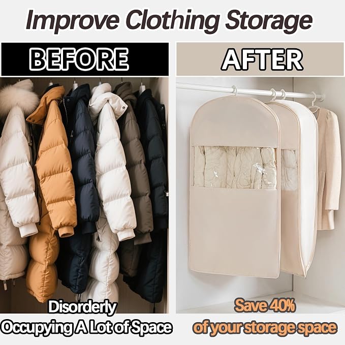 Space Saving Hanging Garment Bag with Self Compression Zipper，Dust Cover Clothes Bags for Down Coat,Dress,Suit，Closet Storage Organizer for Home Travel Use (Beige, L)