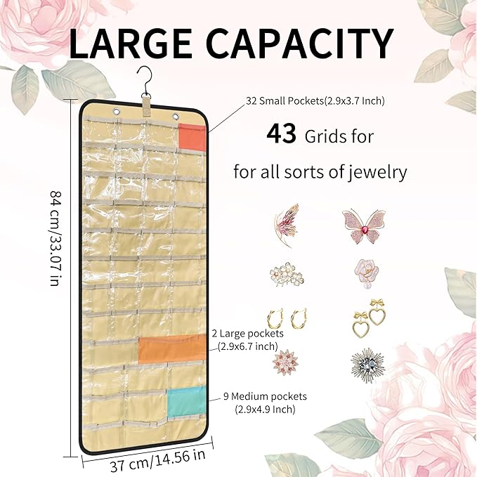 Bloss Upgraded Version Hanging Jewelry Organizer-43 Pockets in 3 Sizes, Dual-Sided Hanging Jewelry Organizers and Storage for for Earrings, Rings, Bracelets, Necklaces