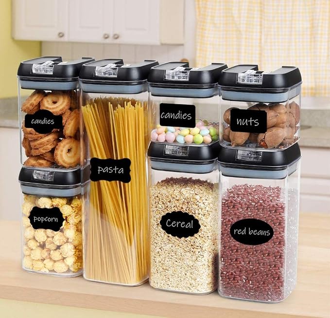 Set of 7 Airtight Food Storage Containers - Pantry Organizer Bins, BPA Free Plastic Containers plus Dry Erase Marker and Labels, Black