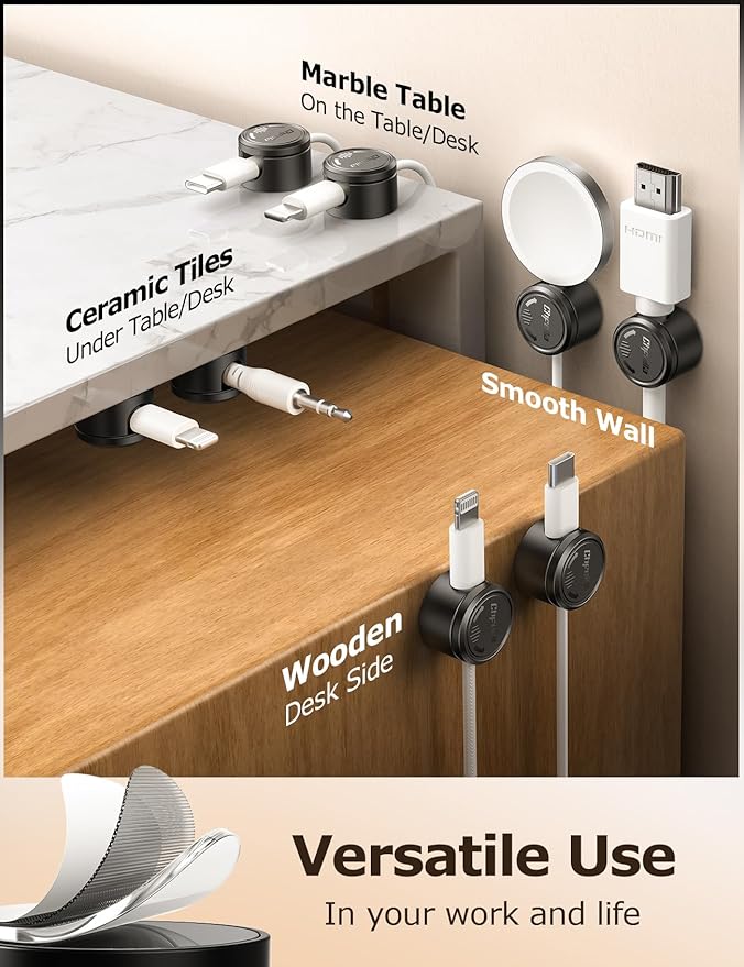 9 Pack Cord Organizer, Chfeila [360°Rotating Twist-Lock] Magnetic Cable Management Clips, Adhesive Phone Charging Keeper Wire Cord Holder for Nightstand/Car/Wall, Office Desk Accessories Decor (Black)