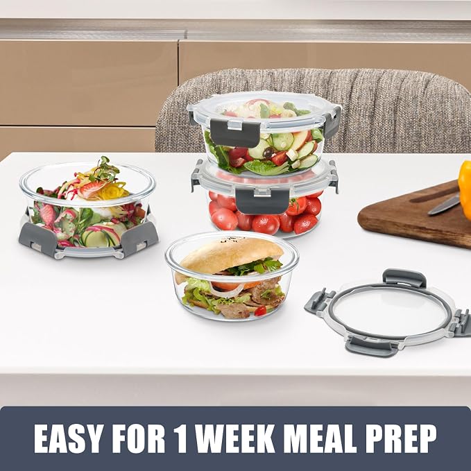 6 Pack, 21oz Round Glass Food Storage Containers with Airtight Lids, Grey | Portion Control Containers Set, Ideal for Meal Prep, Leftovers, Freezer to Microwave Safe