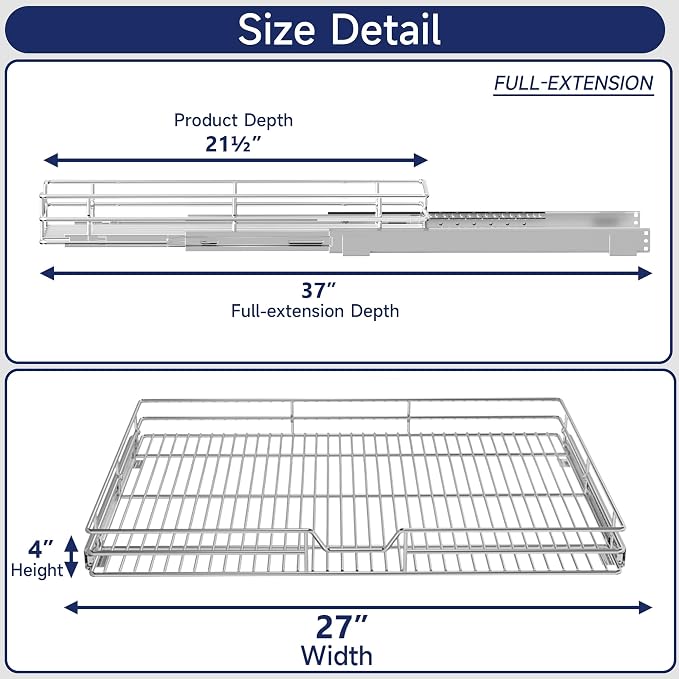 Pull Out Cabinet Organizer, 27" W x 21.5" D, Heavy Duty Chrome Slide Out Shelf for Wide Base Cabinets, Sliding Wire Basket Drawer for Pots, Pans, Appliances & Pantry Storage