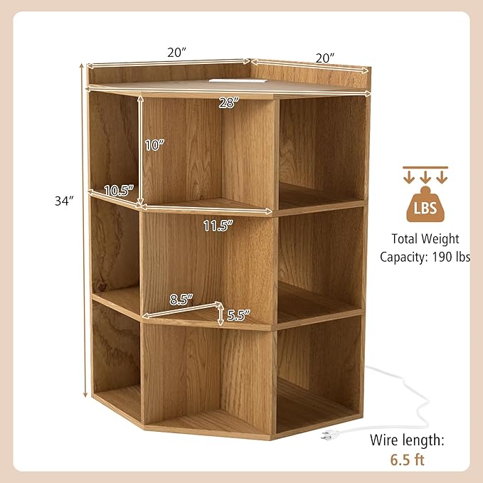 Giantex 3-Tier Corner Cabinet with Charging Station, Corner Shelf with 9 Cubbies, 1 USB Port & 1 Type-C Port, 4 Outlets, Cube Bookshelf, Storage Organizer for Small Spaces, Playroom, Living Room