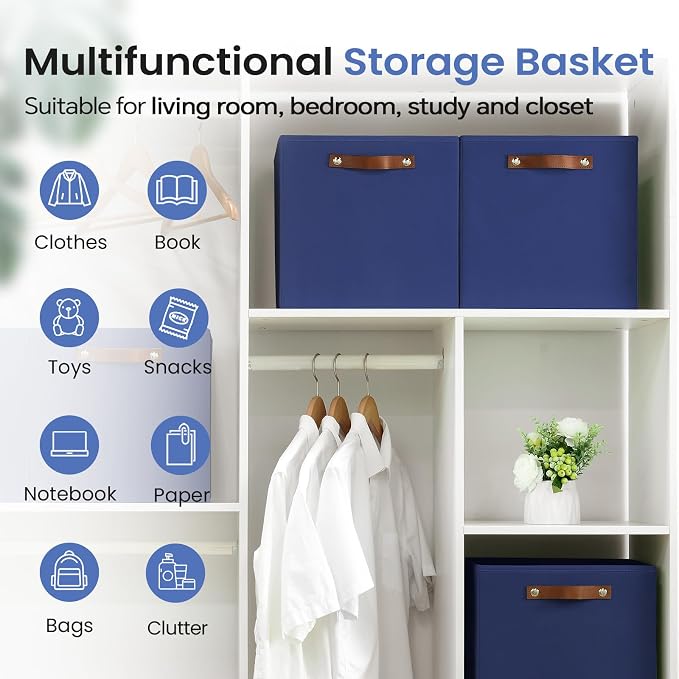 FinishingBo 13 inch Storage Bins with Labels 6 Pack | PU Leather Handles, Foldable Storage Cubes, Storage Baskets, Closet Storage, Blue