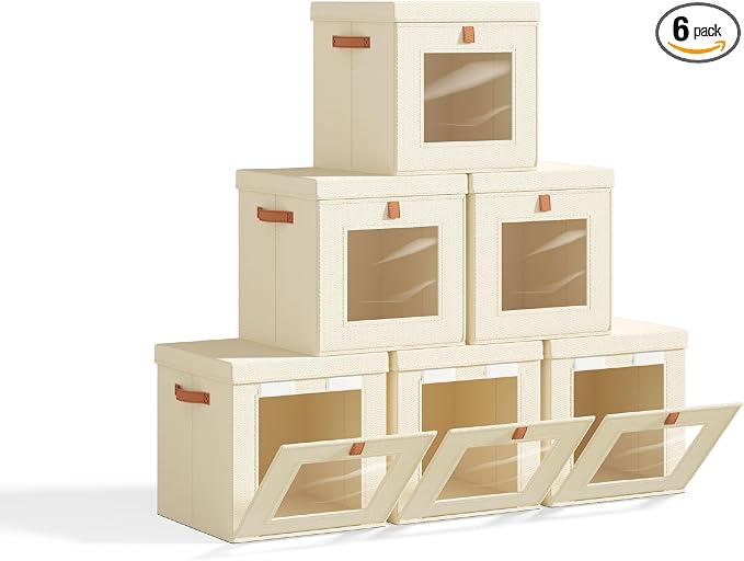 Homsorout Cube Storage Bins with Lids - Front Opening, Clear Window, 6 Pack | 11.8" Cube Fit, Stackable Design, Foldable Storage, Dust Protection, Easy Carry Handles, Ideal for Closet, Shelf, Dorm & RV
