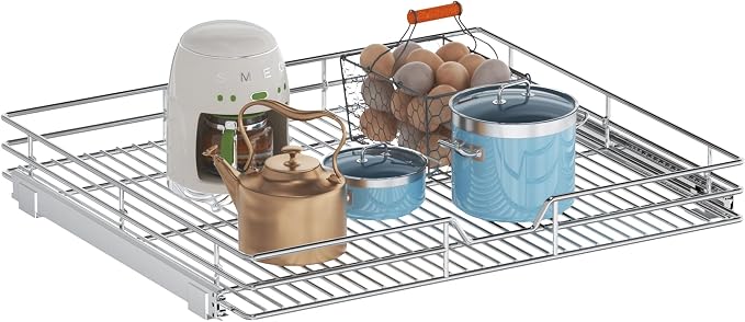 Pull Out Cabinet Organizer, 30" W x 21.5" D, Heavy Duty Chrome Slide Out Shelf for Wide Base Cabinets, Sliding Wire Basket Drawer for Pots, Pans, Appliances & Pantry Storage