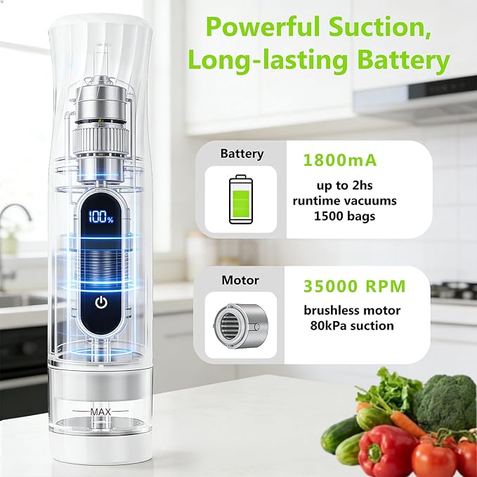 Compact Vacuum Sealer for Food Storage: Portable Handheld Food Sealer, 80kPa Suction, 1800mAh Battery, 30 Reusable Vacuum Bags, Preserve 5X Freshness with Easy Operation