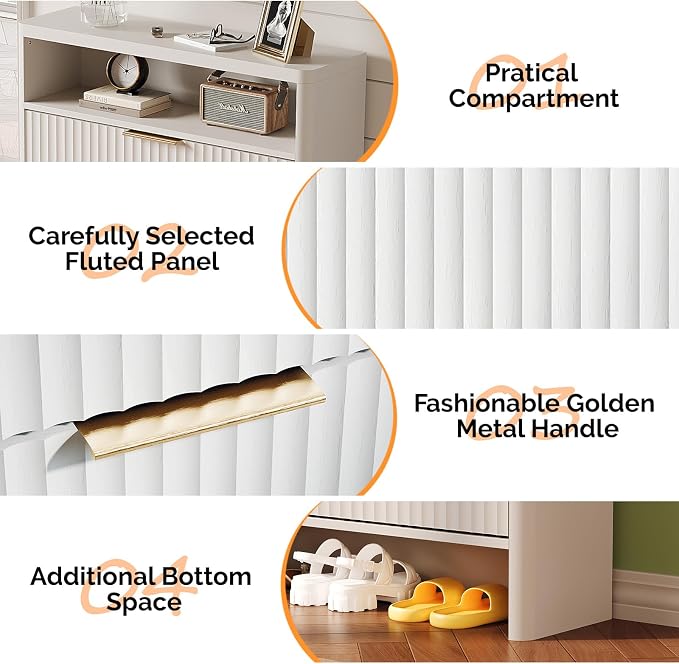 VINGLI White Slim Shoe Cabinet with Curved Edges, Modern Hidden Shoe Storage Organizer with 2 Flip Drawers & Open Shelf, Narrow White Shoe Cupboard with Fluted Panel & Anti-Tip Kit, 32.7" W