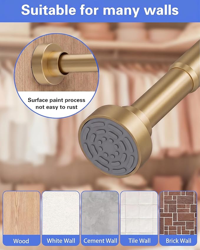 Closet Rod, No Drill Tension Closet Rod for Hanging Clothes, 17-84in, Gold | Quick Tool-Free Install, Non-Slip Rubber Ends Grip Securely, Heavy-Duty Rod Supports Up To 66 lb In Closet, Laundry Rooms, RV