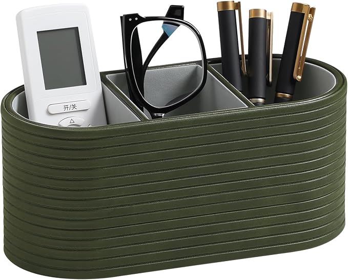PU Leather Remote Control Holder, Modern Oval Pen Holder for Desk, 3-Compartment Desk Caddy for Remotes, Glasses, Pens, Small Desk Organizer for Nightstand, Coffee Table, Office (Olive Green)