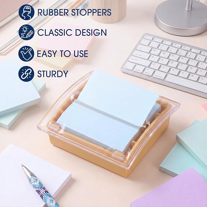 Junkin 1 Pcs Pop up Sticky Note Dispenser 3 x 3 Inch Sticky Note Holder with Transparent Top Colorful Base for School Office Home Store Desk Supplies (Warm Beige)