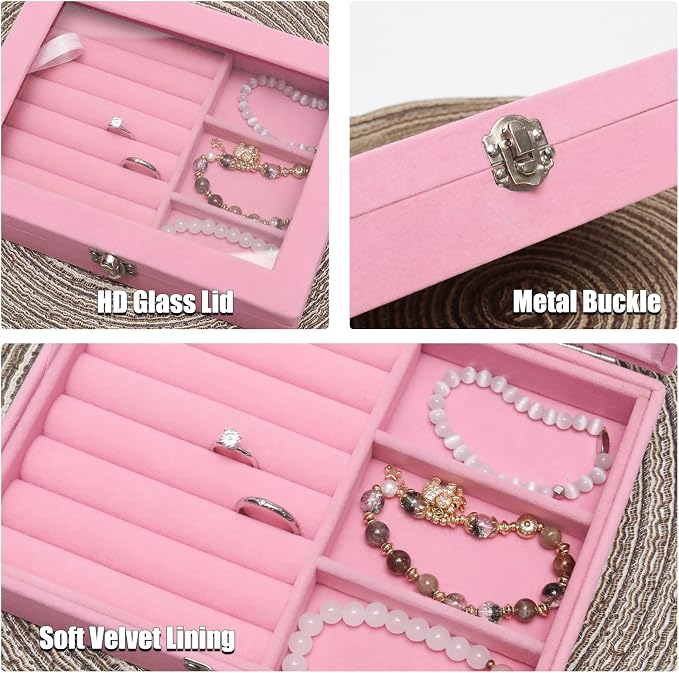Small Velvet Jewelry Tray with Clear Lid, Lockable Ring Earring Holder Organizer Storage Box Case Jewelry Box Organizer for Rings Earrings Bracelets Brooches, 2-in-1 Pink