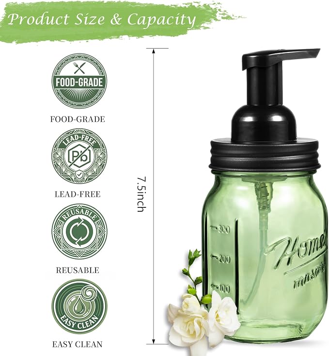 Amolliar 16OZ Green Glass Mason Jar Foaming Soap Dispenser, Plastic Pump & Stainless Steel Lid, Refillable Hand Soap Dispenser for Kitchen Bathroom, Farmhouse Decor for Foaming Dish Soap, Black 2 Pack