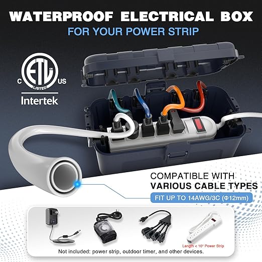 Flemoon Medium Outdoor Waterproof Electrical Box, for Power Strip | 11.5x5.2x4inch, IP54 Extension Cord Cover w/6 Cable Entry Ports, Weatherproof Connection Box for Timer, Holiday Lights, Gray