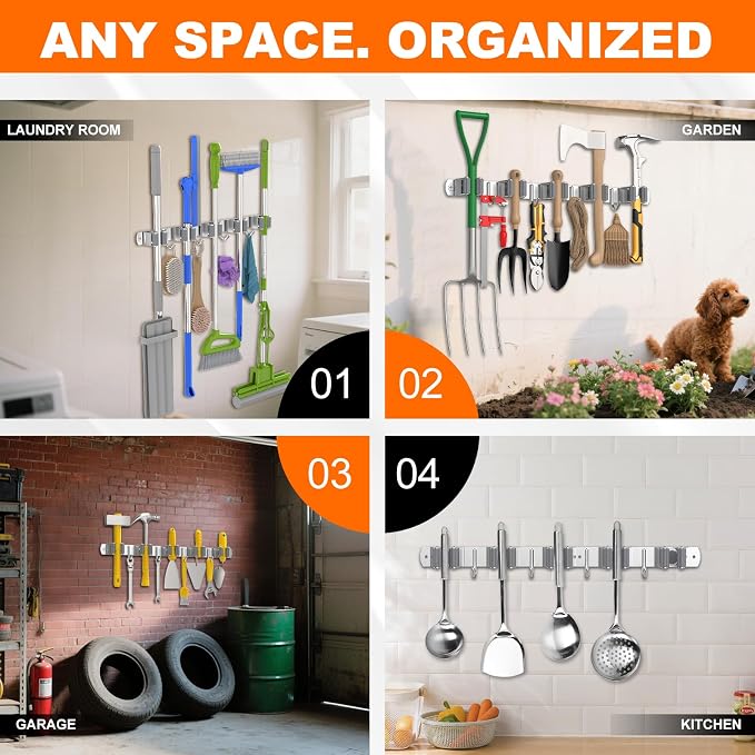 Broom Holder Wall Mount Mop Organizer, 5 Racks 4 Hooks | Premium Stainless Steel Broom Hanger for Durable Rustproof Tool Rack Storage in Home, Kitchen, Garden, Laundry, Garage