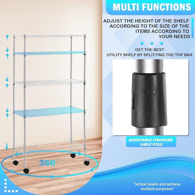 PayLessHere | 5-Tier Wire Shelf with Wheels | 14"x30"x60" | Chrome | Adjustable Racks | Heavy-Duty Storage Shelves, Holds Upto 220 lbs | Rust-Resistant, No-Tool Assembly | for Home, Garage Shelving