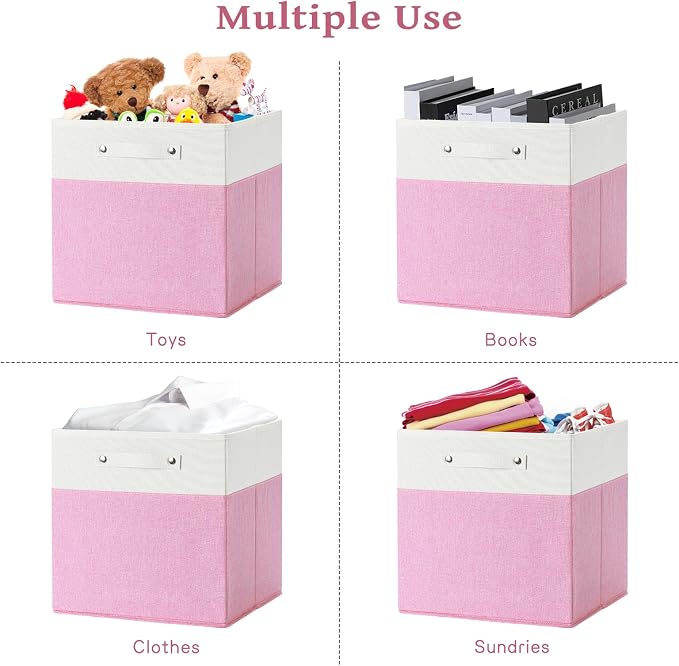 FinishingBo 13 x 13 Inch Fine Linen Storage Bins with Handles，Fabric Cube Boxs，Basket Organizers for Shelves for Home, Closet Drawers (White/Pink-6 Pack)