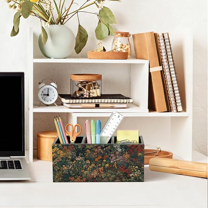 Vintage Floral Pen Pencil Holder for Desk, Dark Academia Cottagecore Botanical Wildflower Wooden Box Sign Organizer for Home Room Office Bedroom Desk Accessories Tabletop Decorations