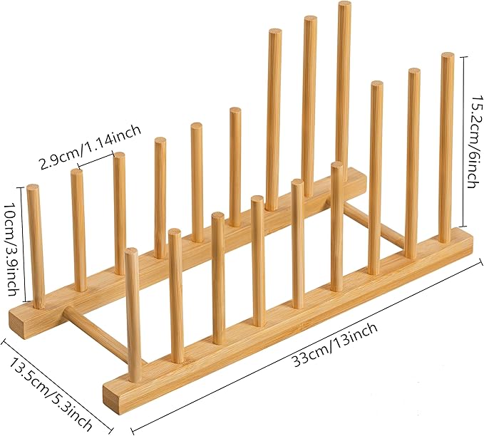 HBlife 4pcs Heighten Bamboo Wooden Dish Drying Rack Plate Pot Lid Organizer | Plate Bowl Cup Book Pot Lid Cutting Board Stand, Drainer Storage Holder Organizer, For Kitchen Cabinet, 8 Slots