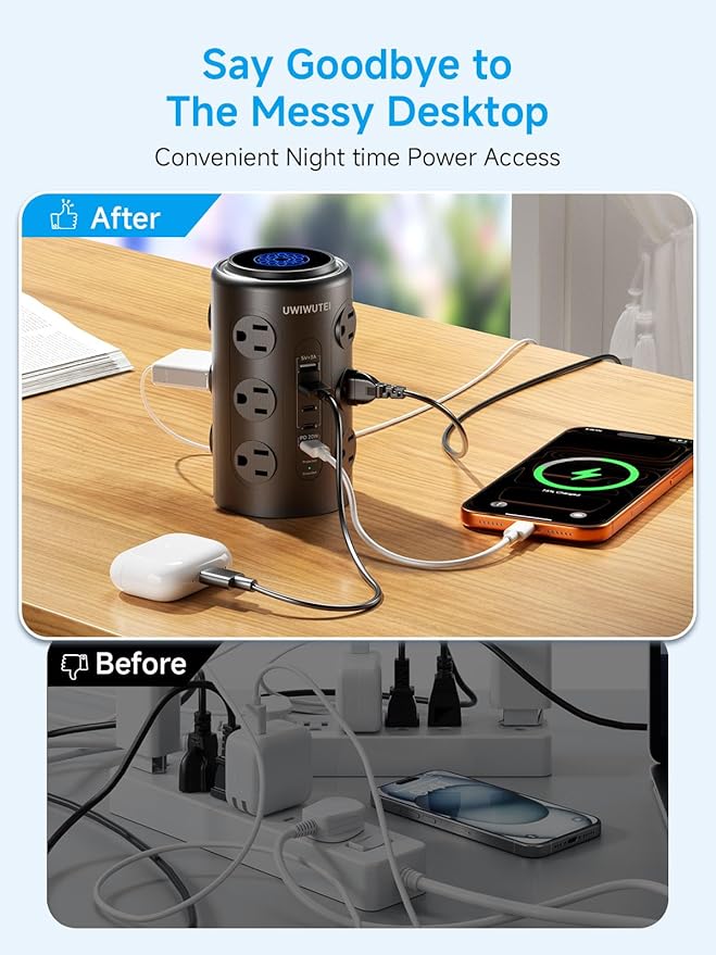 Tower Power Strip with 1 Dedicated PD 20W Fast-Charging Port, 12 Outlets, 5 USB Ports (3 USB-C), Desk Charging Station for Multiple Devices, 6FT Extension Cord（Black