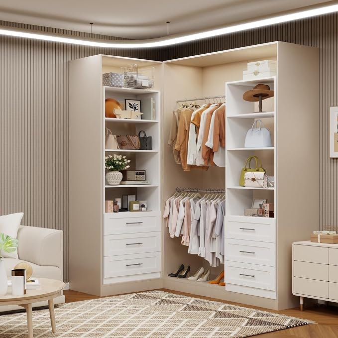 Closet System with 3 Drawers and Shelves, secilix 81" Wood Closet Organizer System, 2FT Modular Closet System for Walk in Closet, Modular Storage Tower with Expandable Hanging Rod, White