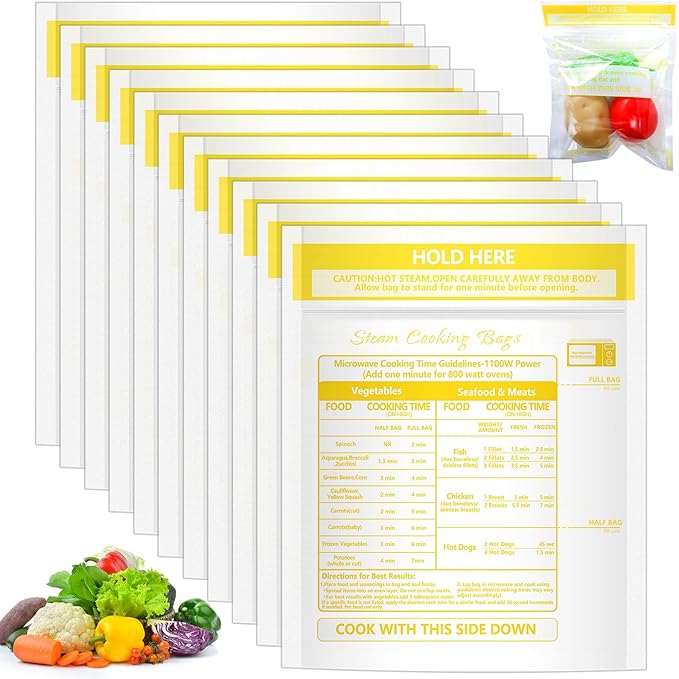 12 Pcs Microwave Steam Bags for Cooking Reusable Zipper Steam Vegetable Bag Frozen Food Heating Bags for Faster Vegetables Seafood and Meat, 7.1 X 7.9 Inches (12)