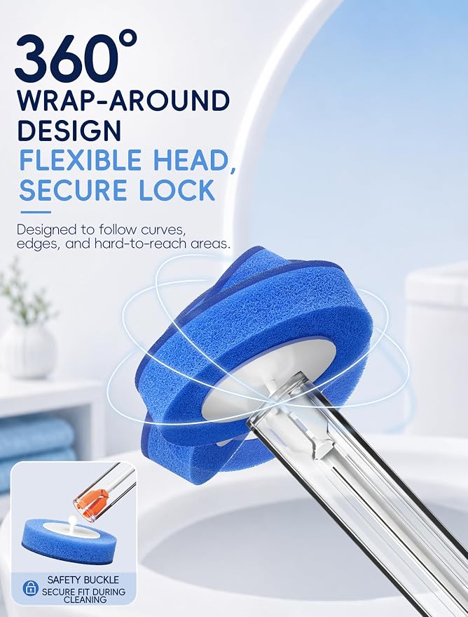 Disposable Toilet Brush System, Toilet Bowl Cleaning Wand with Lift-to-Open Refill Case, Blue Refill Heads and Freestanding Holder, 2 Wand and Holder Sets with 91 Blue Refills