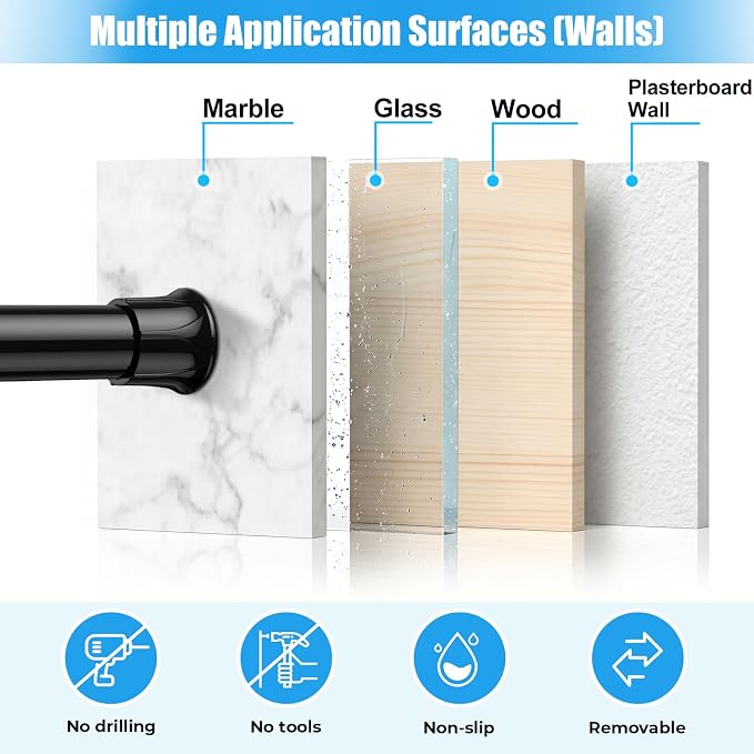 Spring Tension Curtain Rods 28-48 Inch Black 4 Pack | No-drill & tool-free setup. Fits windows, kitchens, doorways. Rust-resistant, great for light curtains.