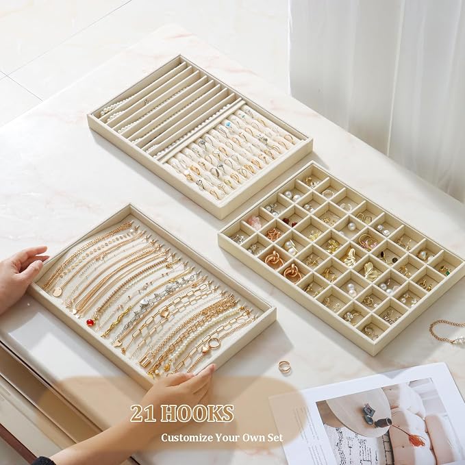Large Jewelry Organizer for Drawer Insert Velvet Stackable Jewelry Trays for Earring Necklace Bracelet Ring Display (Beige, 21 Hooks)