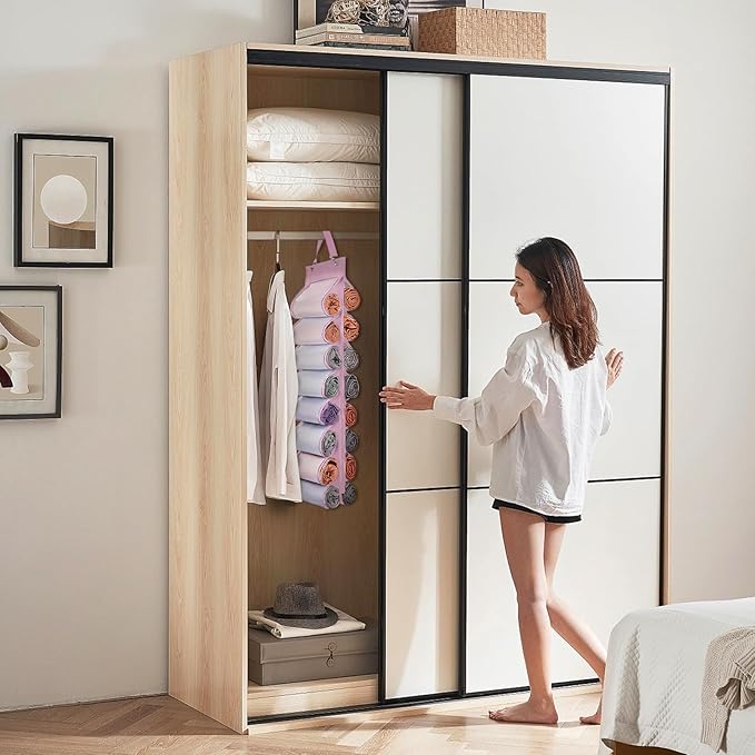 DHSFKBE Legging Organizer Storage, T Shirt Organizer, Foldable Hanging Closet Organizer Storage with 16 Roll Independent Compartments for Yoga Pants, Tank Top, Towel, Underwear (Pink)